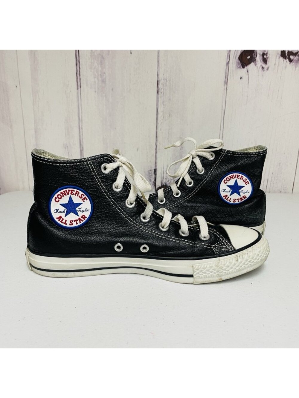 Converse Unisex Black Hi Top Leather Sneakers Lace-Up 1S581 Men's 6 Womens 8